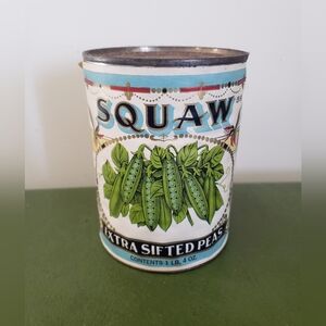 Vintage Squaw Extra Sifted Canned Peas Tin — Green & White Decor
